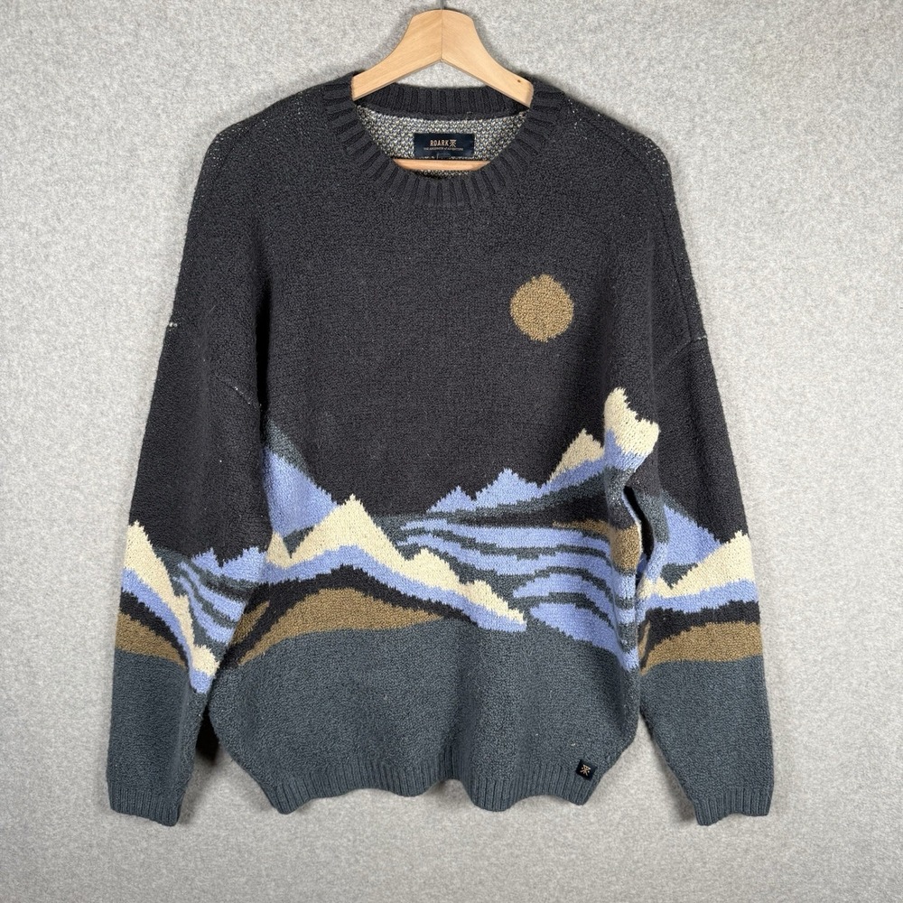 Roark Skaland Sweater Men's Medium Blue Knit Mountain Sun Graphic